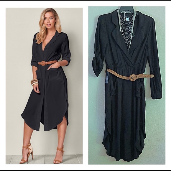 Nwt Venus Belted Black Maxi Shirt Dress 